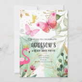 バタフライガーデンフラミンゴフェアリーフラワーズ誕生日 招待状 (正面)