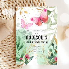 バタフライガーデンフローラフラワーピンク金ゴールド誕生日 招待状