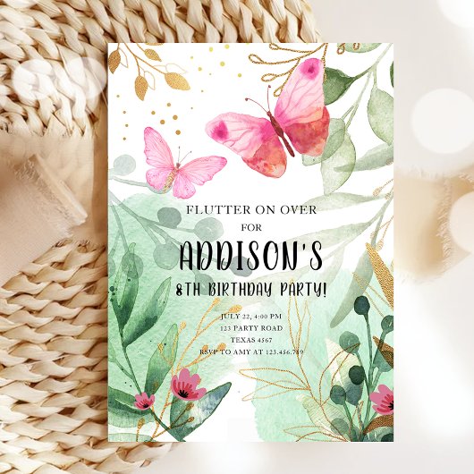 バタフライガーデンフローラフラワーピンク金ゴールド誕生日 招待状