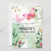 バタフライガーデンフローラフラワーピンク金ゴールド誕生日 招待状 (正面)