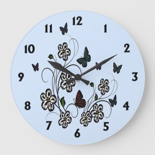 バタフライガーデンブルー(黒い数字) ラージ壁時計 (正面)