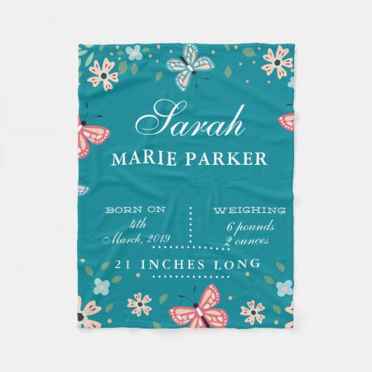 バタフライガーデンベビー誕生統計フリースブランケット フリースブランケット (正面)