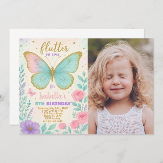 バタフライガーデン誕生日招待状と写真 招待状 (正面/裏面)