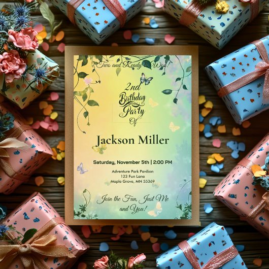 バタフライガーデン誕生日 – かわいい猫とレッドバルーン 招待状