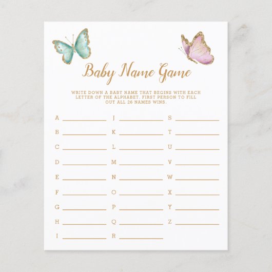 バタフライガーデン金ゴールドベビー名シャワーゲーム (正面)