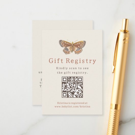 バタフライガールギフトレジストリ赤ちゃんシャワー エンクロージャーカード (正面/裏面インサイチュ)