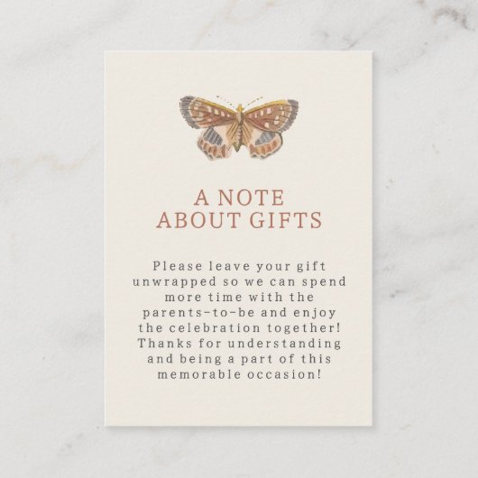 バタフライガールギフトレジストリ赤ちゃんシャワー エンクロージャーカード (裏面)