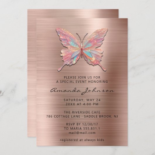 バタフライガールスウィート16バラブラシ王室のドメタル 招待状 (正面/裏面)