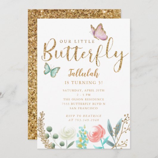 バタフライガールズの誕生日パーティー 招待状 (正面/裏面)