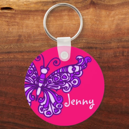 バタフライガールズパープルピンクの名前キーチェーン キーホルダー (正面)