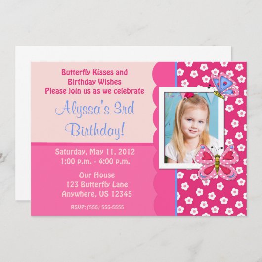 バタフライガールズフォト誕生日招待状 招待状 (正面/裏面)