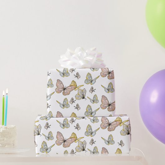 バタフライガールパステルピンクブルーイエローかわいらし ラッピングペーパー (パーティーギフト)