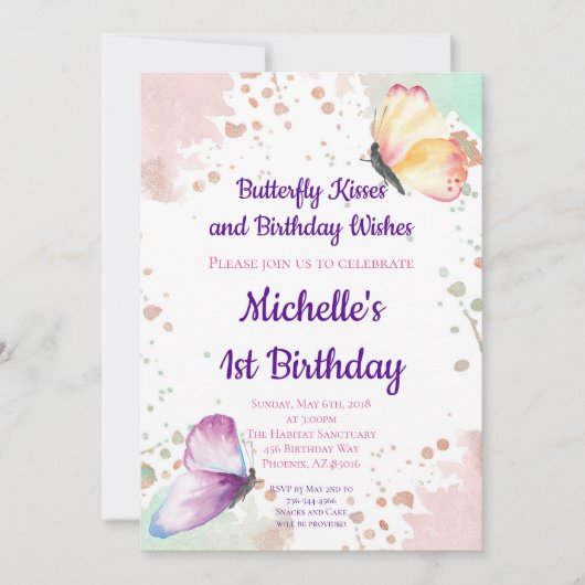 バタフライガールファースト1歳招待状 招待状 (正面)