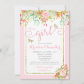 バタフライガールフローラガーデン水玉模様ベビーシャワー 招待状 (正面)