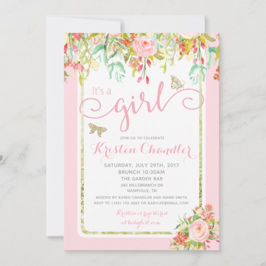 バタフライガールフローラガーデン水玉模様ベビーシャワー 招待状 (正面)