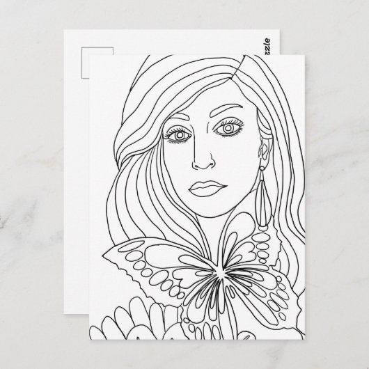 バタフライガール女性顔カラーリングページ ポストカード (正面/裏面)