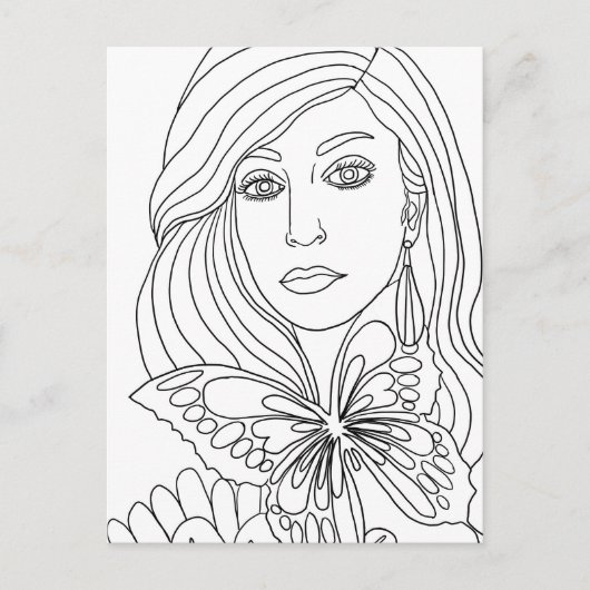 バタフライガール女性顔カラーリングページ ポストカード (正面)