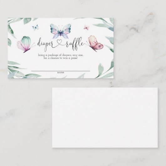 バタフライガール赤ちゃんシャワーおむつラッフル エンクロージャーカード (正面/裏面)