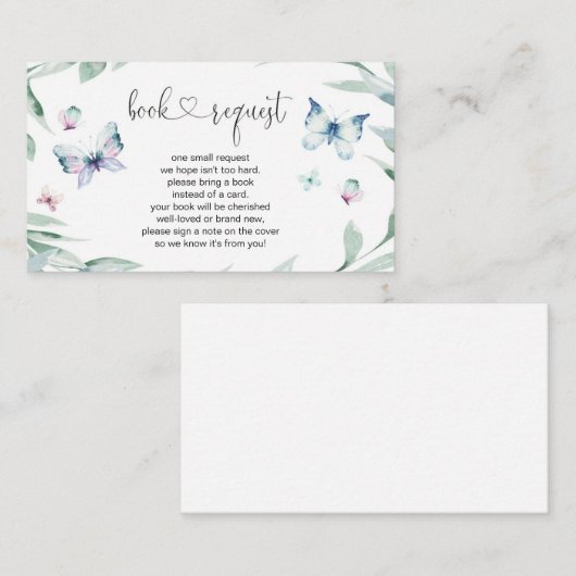 バタフライガール赤ちゃんシャワーブックリクエスト エンクロージャーカード (正面/裏面)