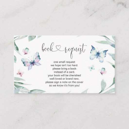 バタフライガール赤ちゃんシャワーブックリクエスト エンクロージャーカード (正面)