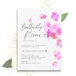 バタフライキスはっきりしたピンクシック赤ちゃんガールシャワー 招待状