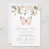 バタフライキスピンクフローラガールベビーシャワー 招待状 (正面)