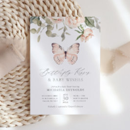 バタフライキスピンクフローラガールベビーシャワー 招待状