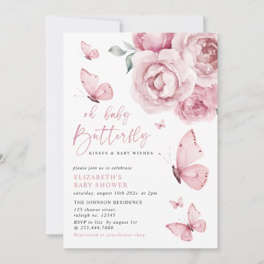 バタフライキスピンクフローラガールベビーシャワー 招待状 (正面)