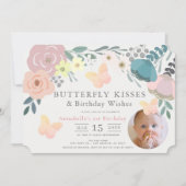 バタフライキスピンクフローラガール誕生日写真 招待状 (正面)