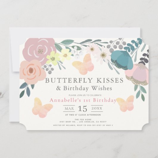 バタフライキスピンクフローラガール誕生日 招待状 (正面)