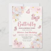 バタフライキスフローラボホピンクガール誕生日 招待状 (正面)