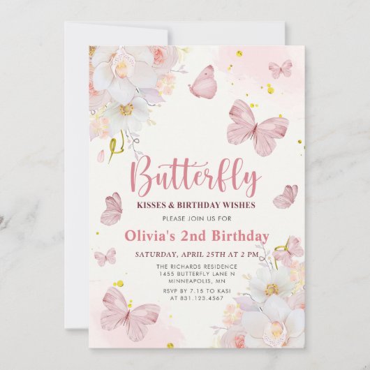 バタフライキスフローラボホピンクガール誕生日 招待状 (正面)