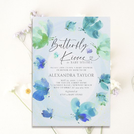 バタフライキスブルーウォーター色男の赤ちゃんシャワー 招待状