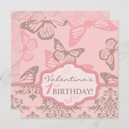 バタフライキスペタル誕生日招待状スクエア2 招待状 (正面/裏面)