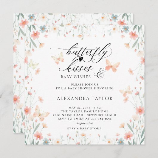 バタフライキスワイルドサンゴティール（緑がかった色）ガールベビーシャワー 招待状 (正面/裏面)