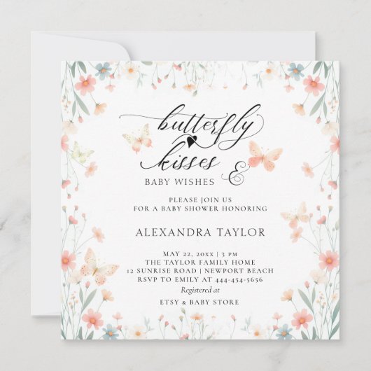 バタフライキスワイルドサンゴティール（緑がかった色）ガールベビーシャワー 招待状 (正面)