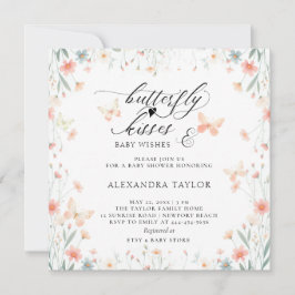 バタフライキスワイルドサンゴティール(緑がかった色)ガールベビーシャワー 招待状