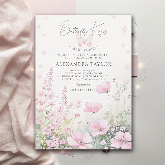 バタフライキス ピンク ワイルドフラワーズ ベビーガールシャワー 招待状