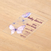 バタフライキス&ベビーウィッシュ | 赤ちゃんシャワーパープル アクリル招待状 (レイダウン)