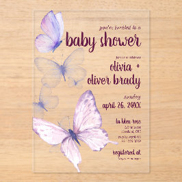 バタフライキス&ベビーウィッシュ | 赤ちゃんシャワーパープル アクリル招待状