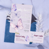 バタフライキス&ベビーウィッシュ | 赤ちゃんシャワーパープル 箔招待状