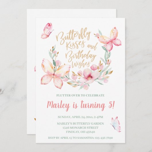 バタフライキッス & バースデーウィッシュ、 誕生日パーティ（年齢不問） 招待状 (正面/裏面)