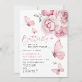 バタフライキッス ピンクローズ ガール 1歳誕生日 招待状 (正面)