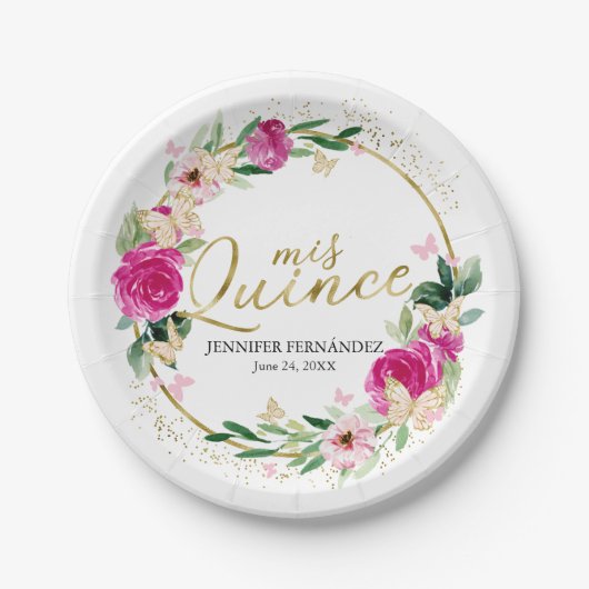 バタフライキンセアニェラ紙プレートホットピンクフローラ ペーパープレート (正面)