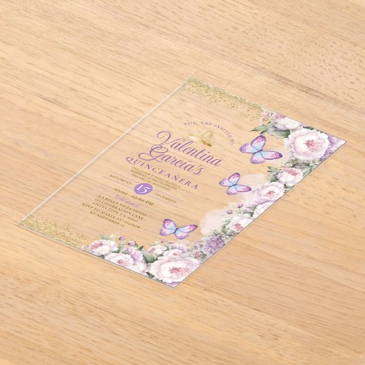 バタフライキンセアニラ15アノスパープルフローラクラウン アクリル招待状 (レイダウン)