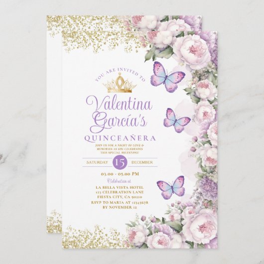 バタフライキンセアニラ15アノスパープルフローラクラウン 招待状 (正面/裏面)