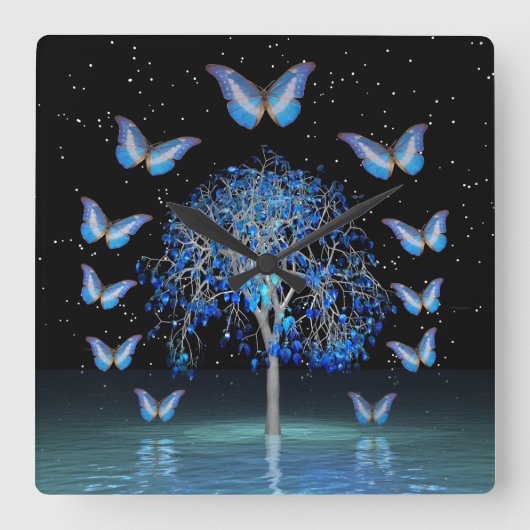 バタフライクリスタルツリー角壁時計 スクエア壁時計 (正面)