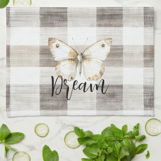 バタフライクリームチェックストライプ キッチンタオル (折り畳み)