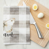 バタフライクリームチェックストライプ キッチンタオル (四つ折り)