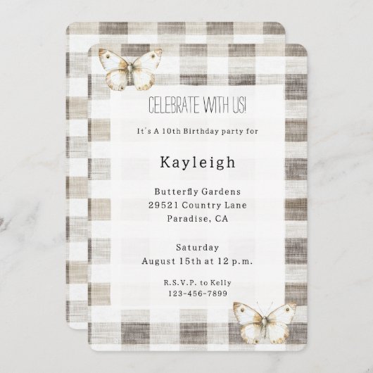 バタフライクリームプレイドストライプ誕生日 招待状 (正面/裏面)